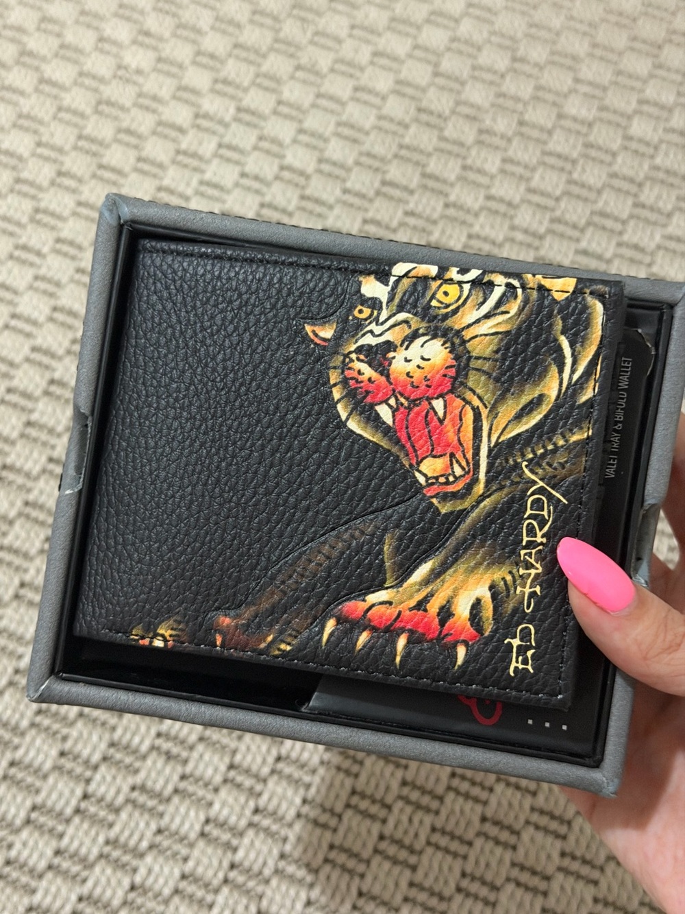 Ed Hardy Black Leather Wallet with Red and Gold Tiger Artwork